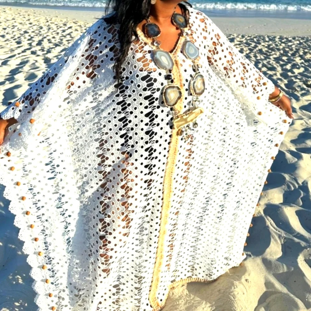 ✨️Bohemian Vibes✨️  Limited quantities! Ecru Crochet Kaftan w/ Wooden Beads - Picture 9 of 17